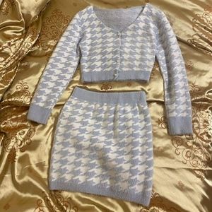 Pastel Blue Houndstooth Fuzzy Top Skirt Set